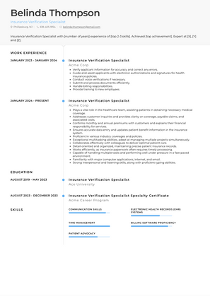 Insurance Verification Specialist Resume Sample and Template
