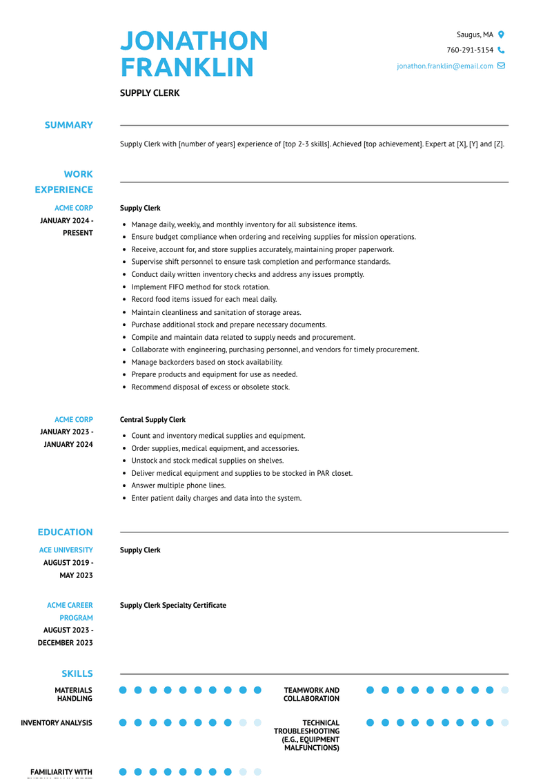 Supply Clerk Resume Sample and Template