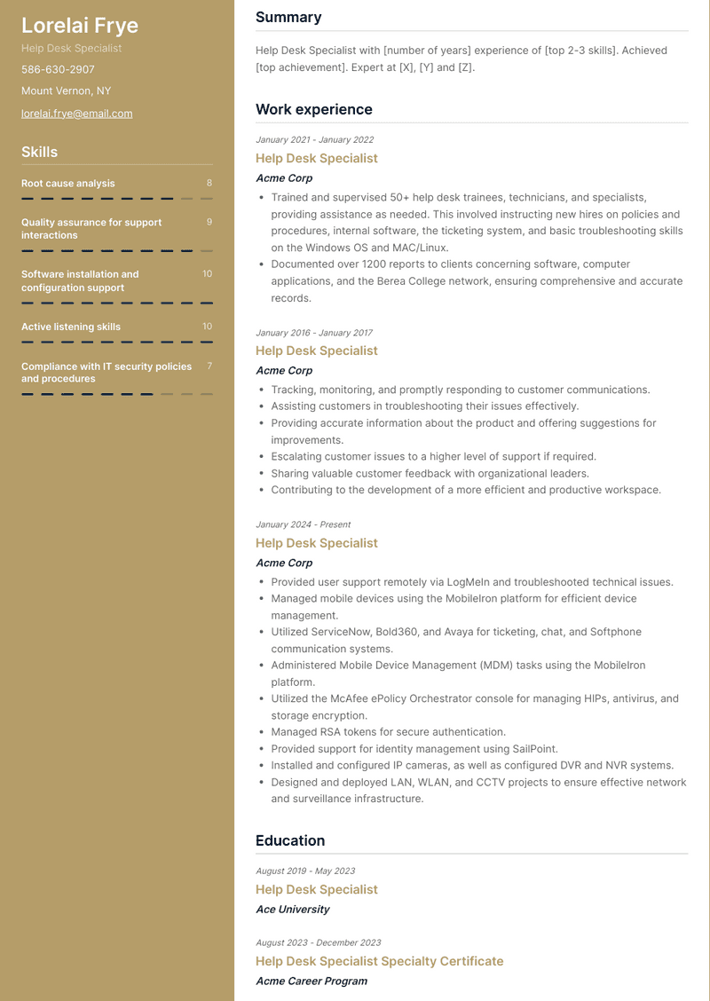 Help Desk Specialist Resume Sample and Template
