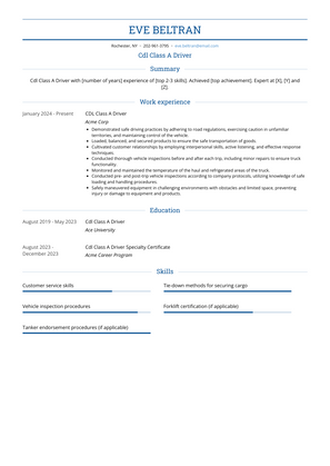 Cdl Class A Driver Resume Sample and Template