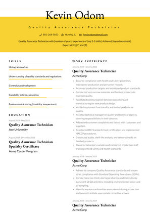 Quality Assurance Technician Resume Sample and Template