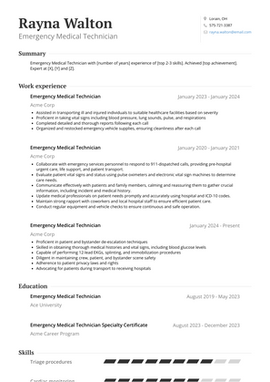 Emergency Medical Technician Resume Sample and Template