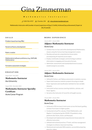 Mathematics Instructor Resume Sample and Template