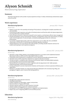 Manufacturing Operator Resume Sample and Template