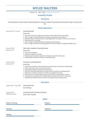 Assembly Worker Resume Sample and Template