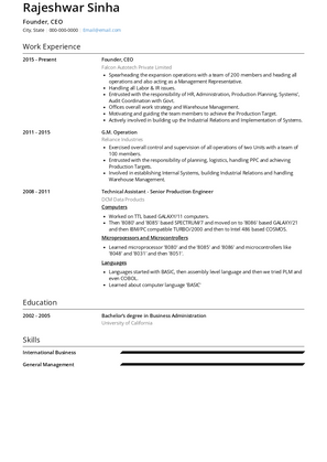 Founder, CEO Resume Sample and Template