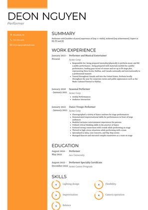 Performer Resume Sample and Template