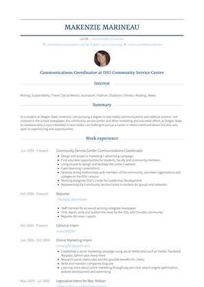 Community Service Center Communications Coordinator Resume Sample and Template