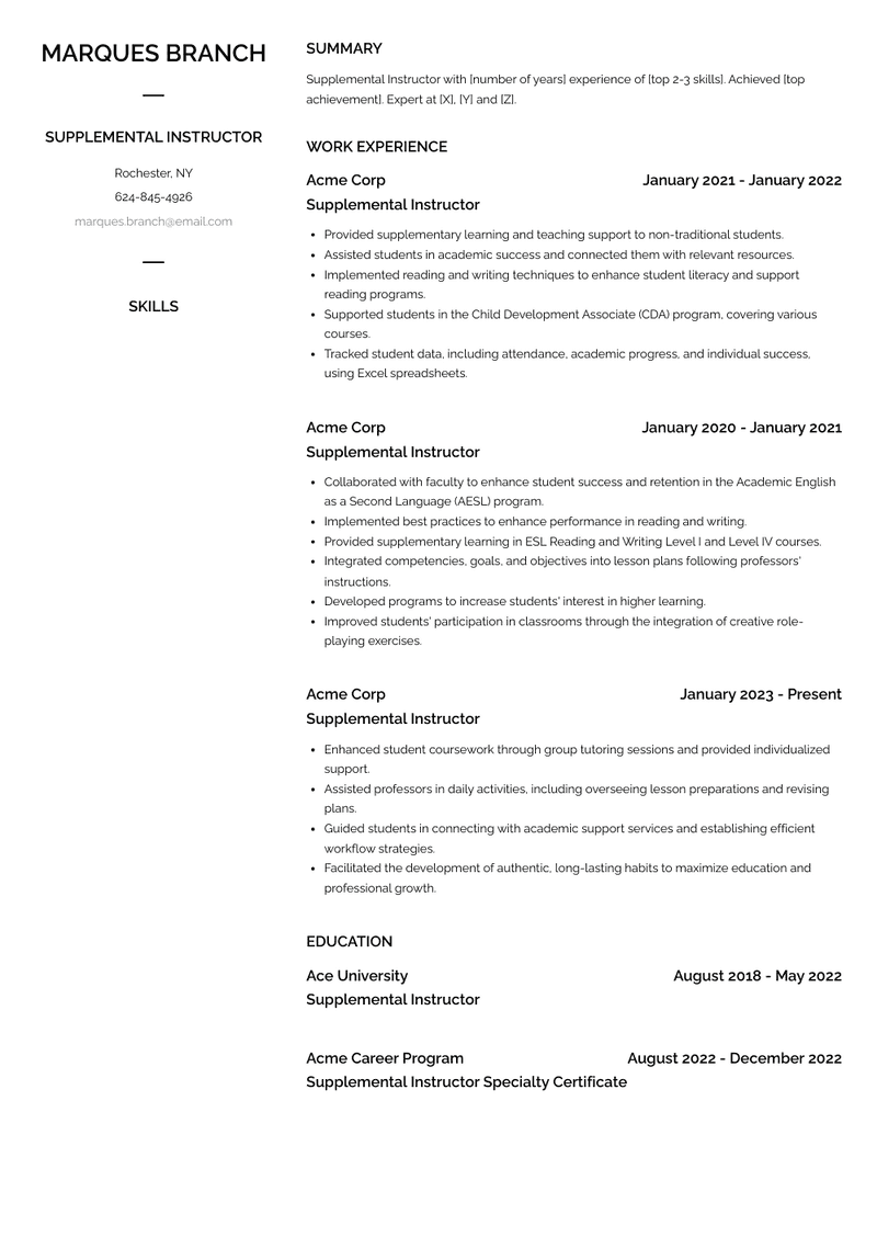 Supplemental Instructor Resume Sample and Template