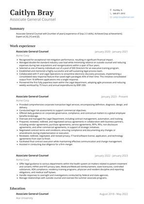 Associate General Counsel Resume Sample and Template
