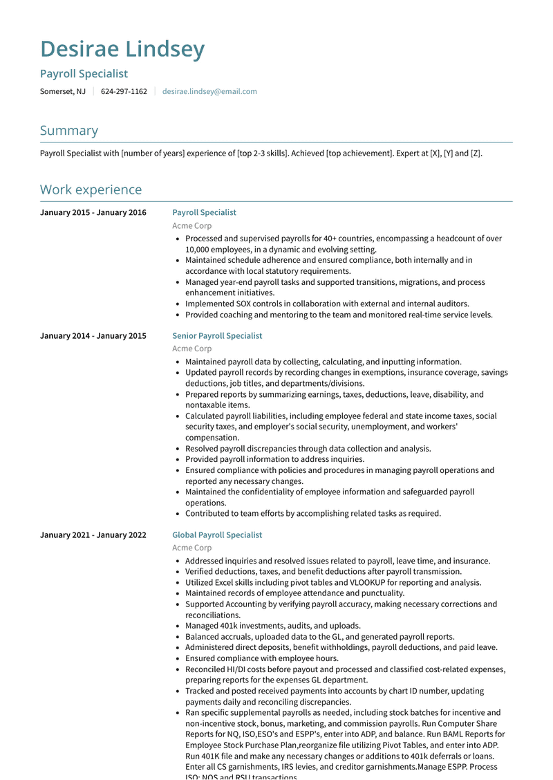 Payroll Specialist Resume Sample and Template