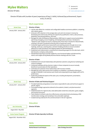 Director Of Sales Resume Sample and Template