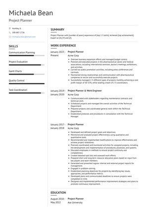 Project Planner Resume Sample and Template