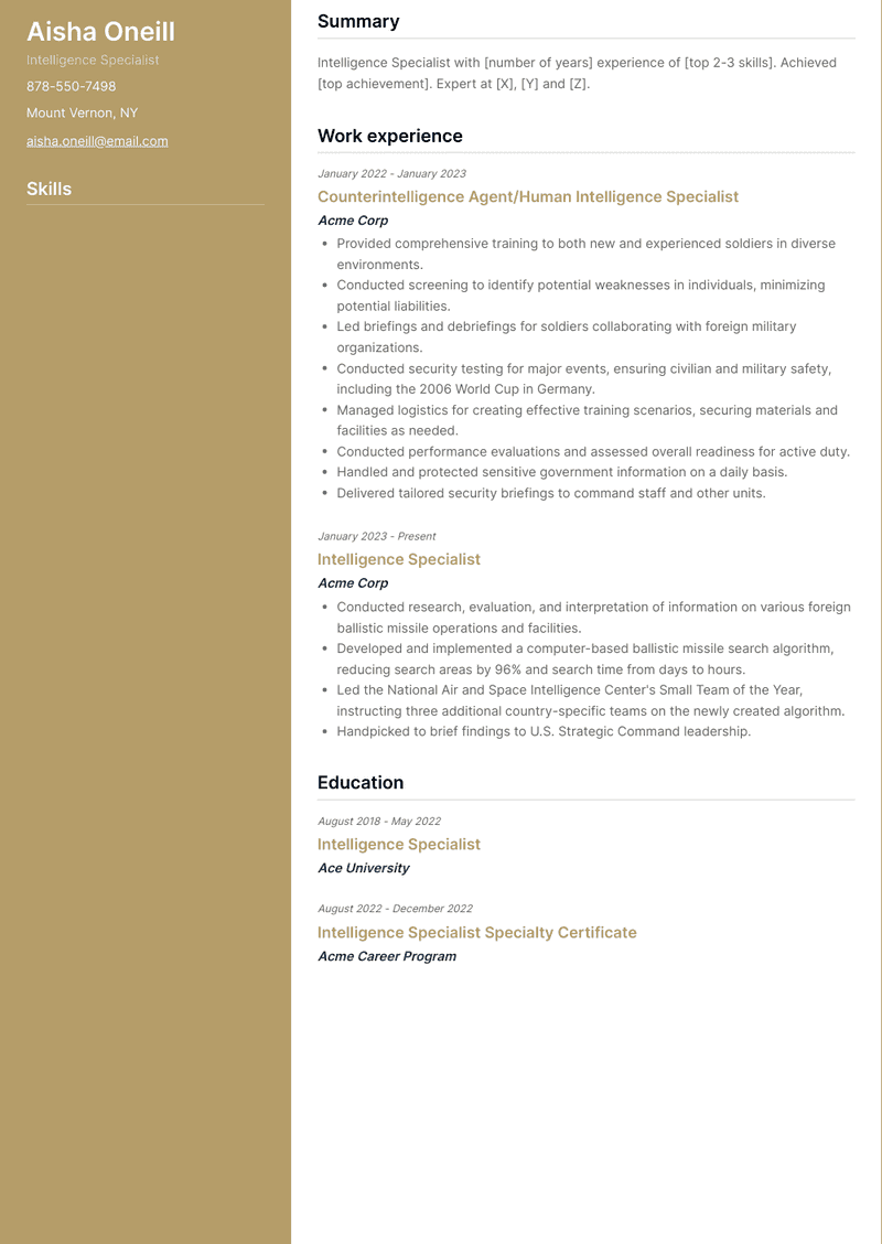 Intelligence Specialist Resume Sample and Template