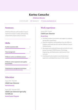 Child Care Director Resume Sample and Template