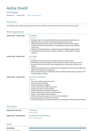 Site Manager Resume Sample and Template