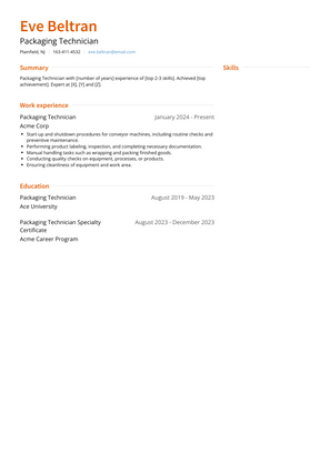Packaging Technician Resume Sample and Template