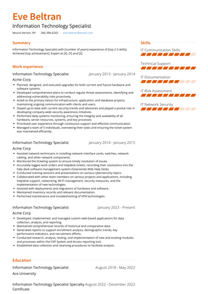 Information Technology Specialist Resume Sample and Template
