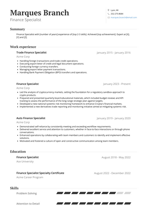 Finance Specialist Resume Sample and Template