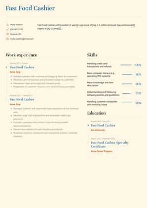 Fast Food Cashier Resume Sample and Template