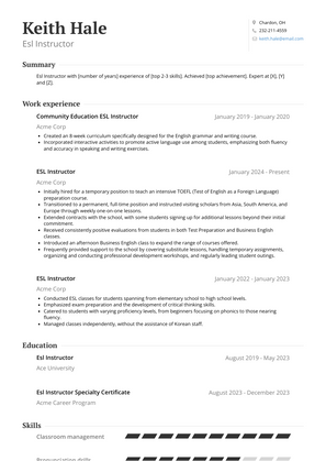 Esl Instructor Resume Sample and Template