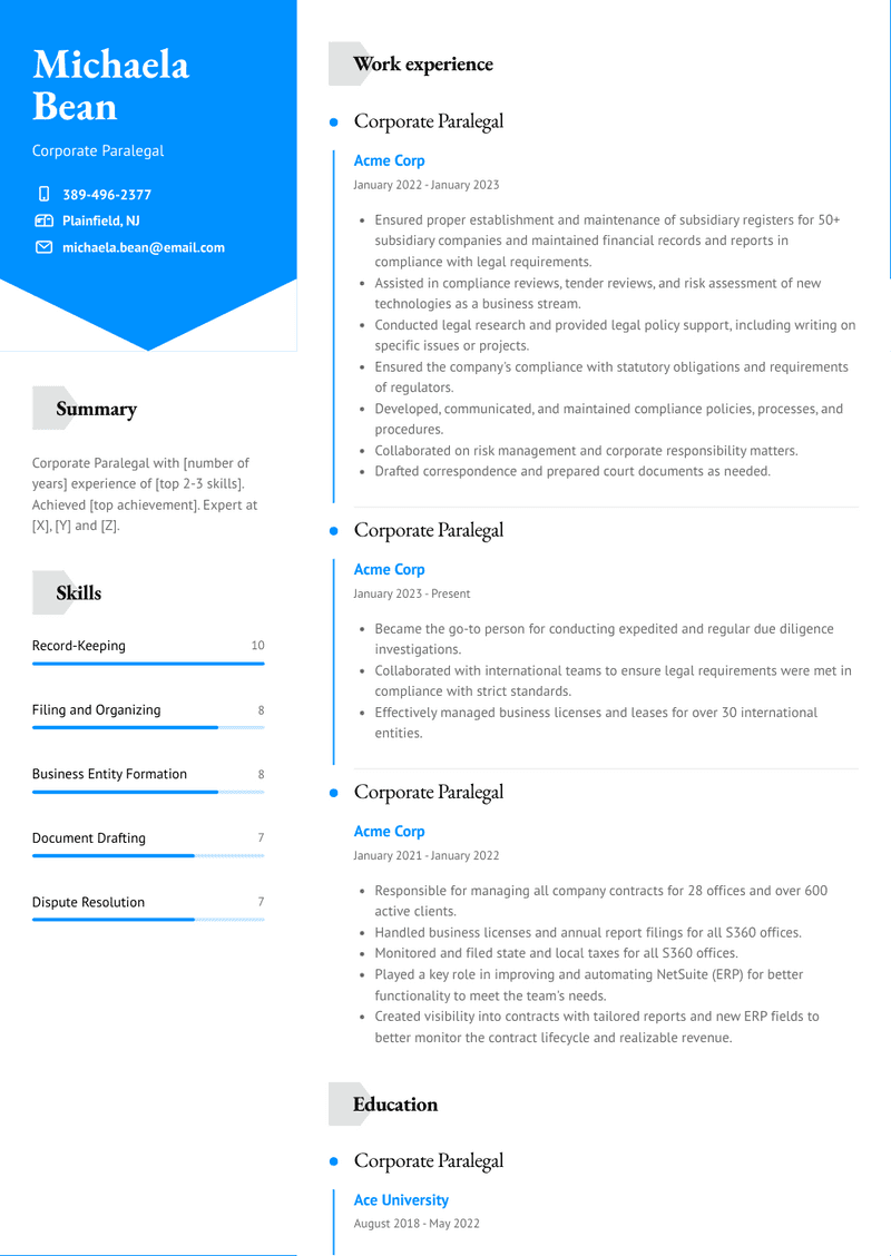 Corporate Paralegal Resume Sample and Template