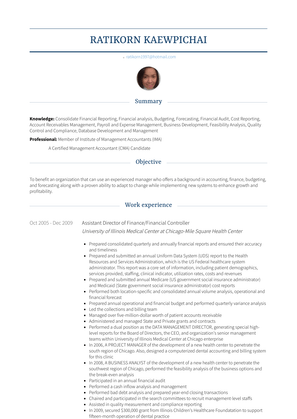 Assistant Director Of Finance/Financial Controller Resume Sample and Template