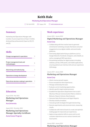 Marketing And Operations Manager Resume Sample and Template
