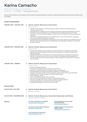 Senior Human Resources Consultant Resume Sample and Template
