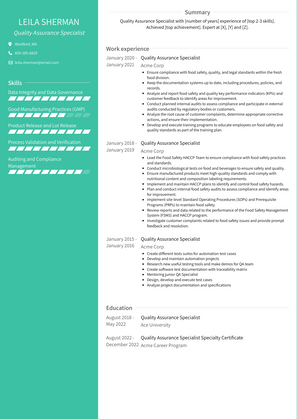 Quality Assurance Specialist Resume Sample and Template