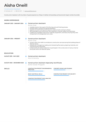 Construction Assistant Resume Sample and Template