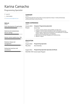 Programming Specialist Resume Sample and Template