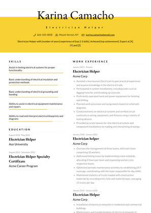 Electrician Helper Resume Sample and Template