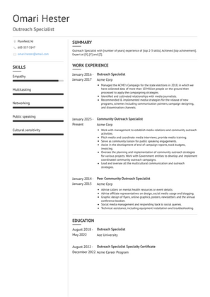 Outreach Specialist Resume Sample and Template