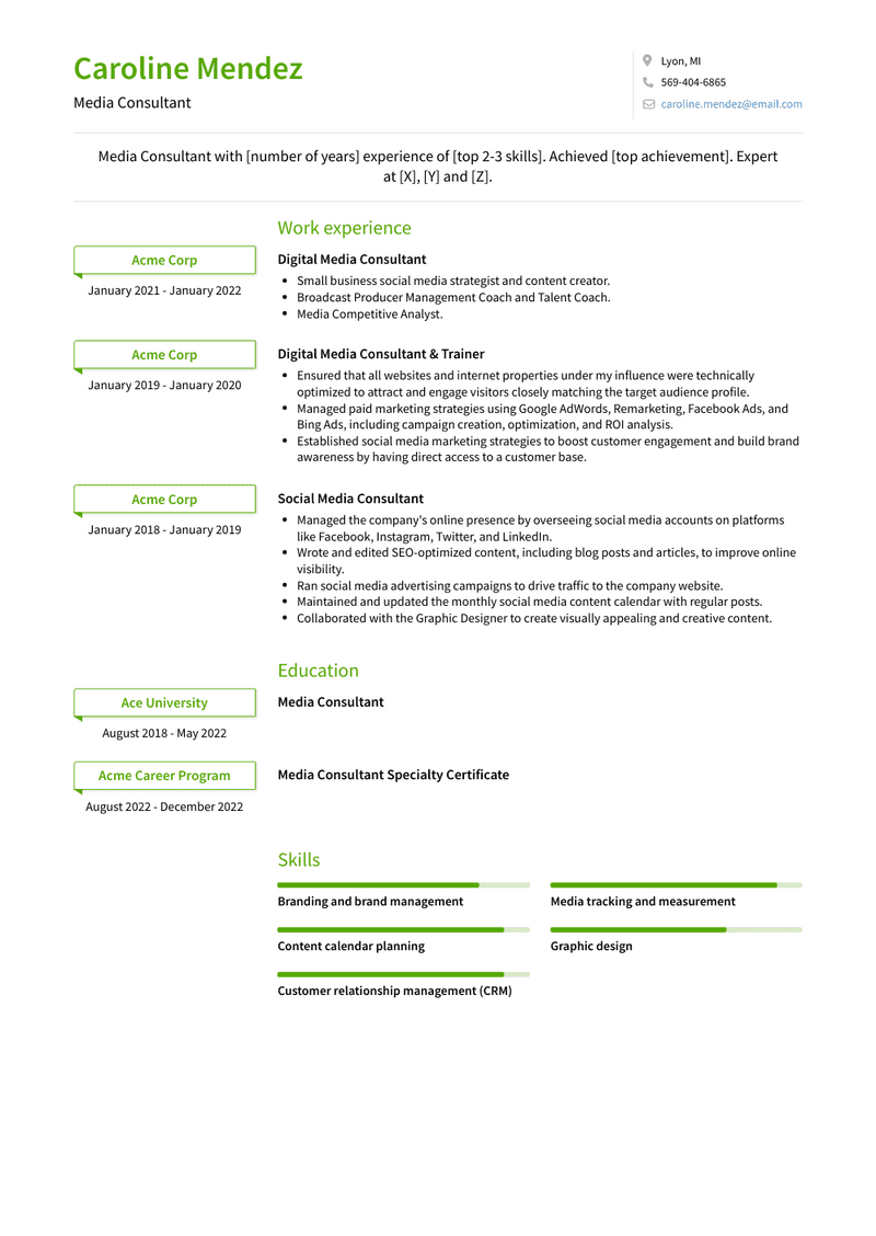 Media Consultant Resume Sample and Template