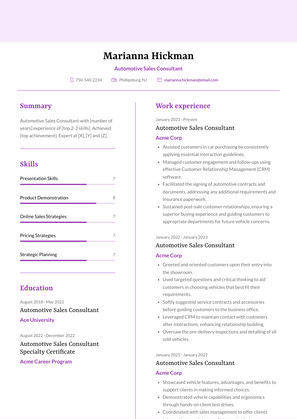 Automotive Sales Consultant Resume Sample and Template