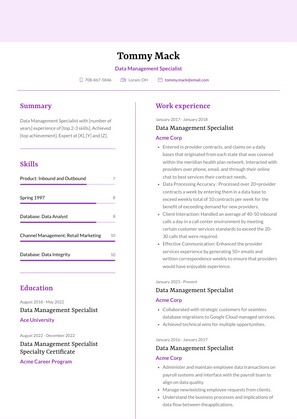 Data Management Specialist Resume Sample and Template