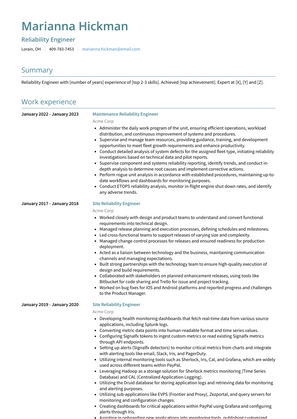 Reliability Engineer Resume Sample and Template