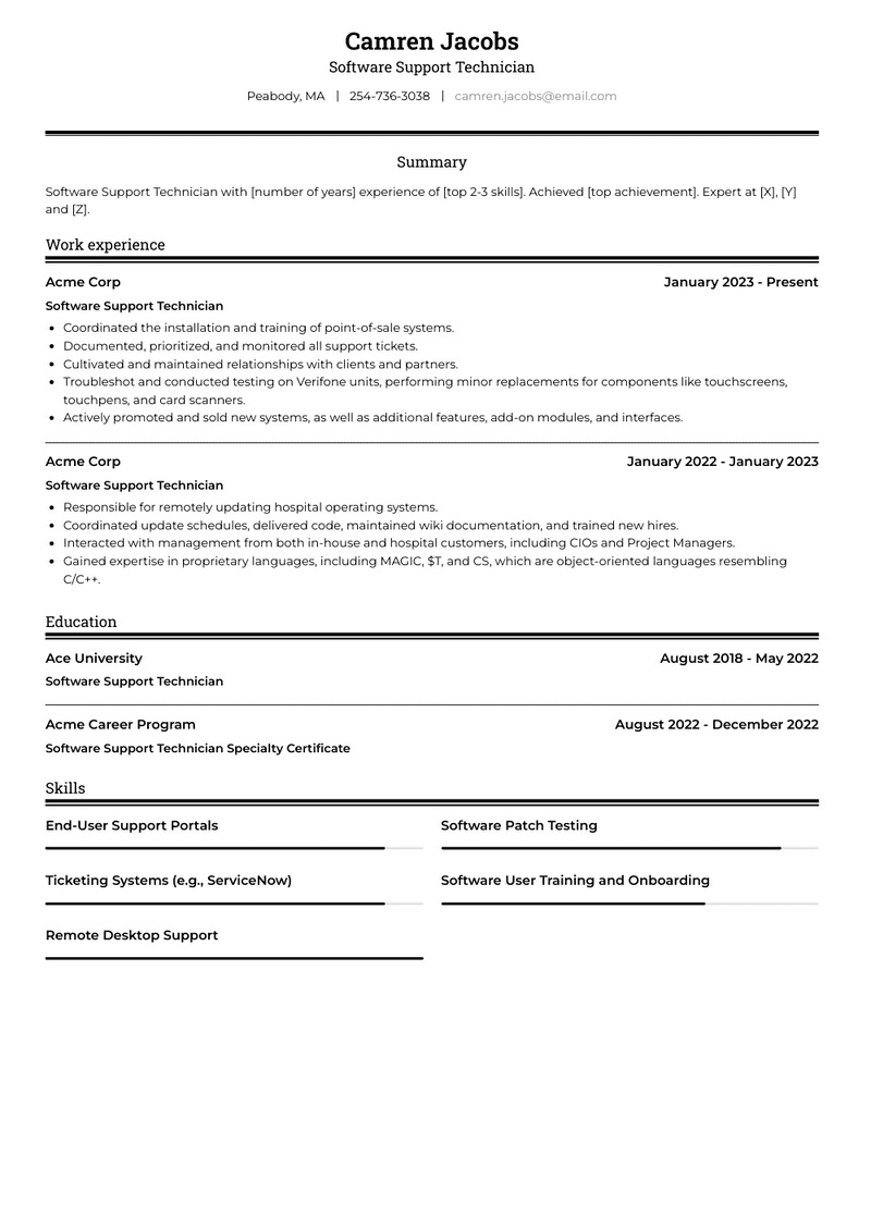Software Support Technician Resume Sample and Template