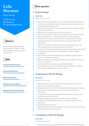 Benefits Manager Resume Sample and Template