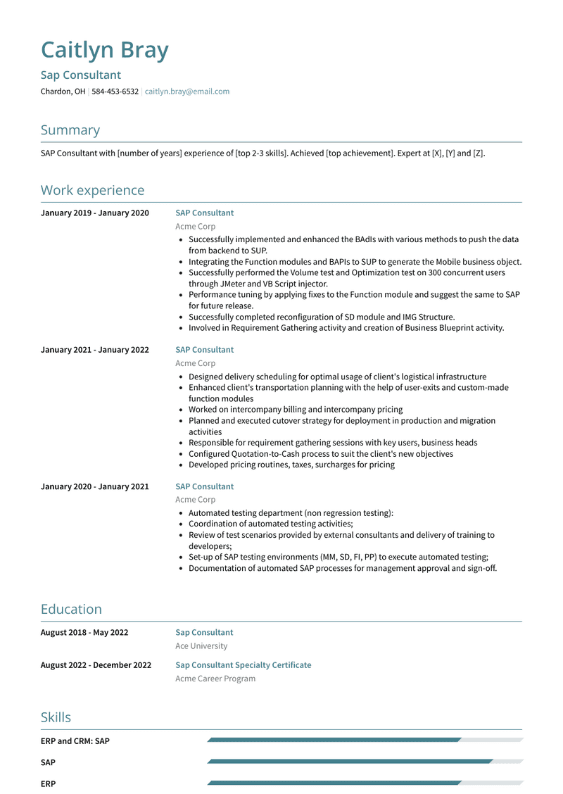Sap Consultant Resume Sample and Template