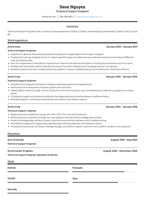 Technical Support Engineer Resume Sample and Template
