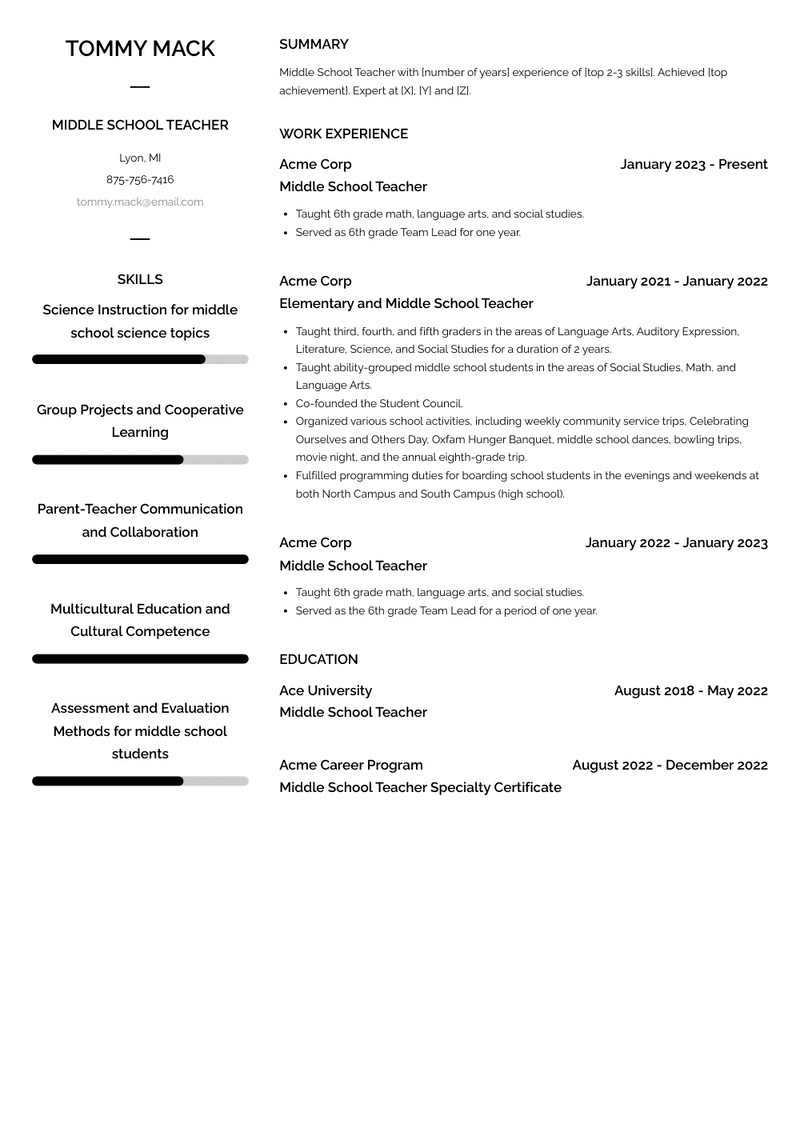 Middle School Teacher Resume Sample and Template
