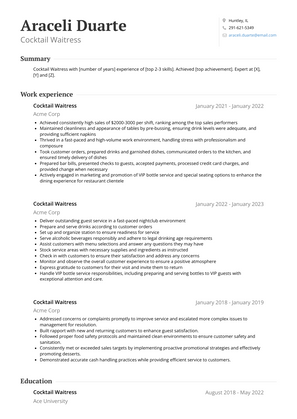 Cocktail Waitress Resume Sample and Template