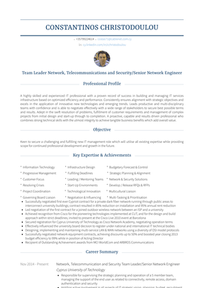Network, Telecommunication And Security Team Leader/Senior Network Engineer Resume Sample and Template