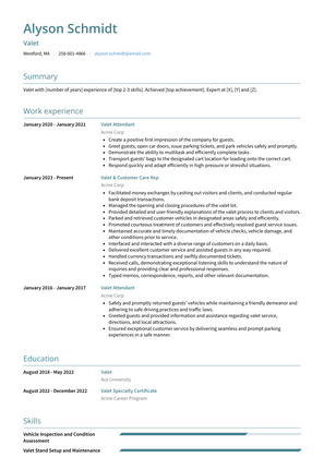 Valet Resume Sample and Template