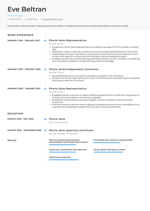 Phone Sales Resume Sample and Template