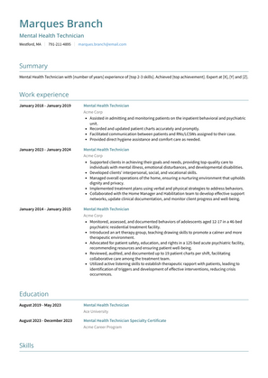 Mental Health Technician Resume Sample and Template