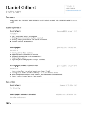 Booking Agent Resume Sample and Template