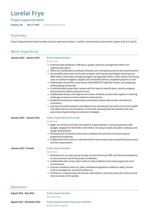 Project Superintendent Resume Sample and Template